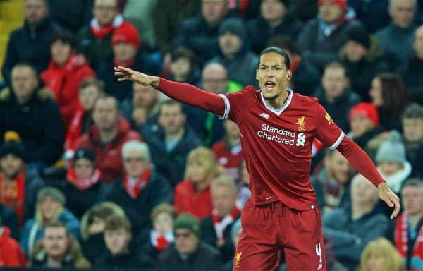 LIVERPOOL, ENGLAND - Sunday, January 14, 2018: Liverpool's Virgil van Dijk during the FA Premier League match between Liverpool and Manchester City at Anfield. (Pic by David Rawcliffe/Propaganda)