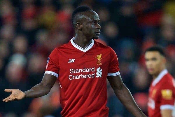 LIVERPOOL, ENGLAND - Sunday, January 14, 2018: Liverpool's Sadio Mane speaks to referee Craig Pawson as he disallows West Bromwich Albion's third goal after a video assisted replay (VAR) during the FA Premier League match between Liverpool and Manchester City at Anfield. (Pic by David Rawcliffe/Propaganda)