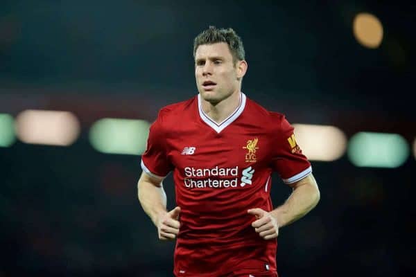 LIVERPOOL, ENGLAND - Sunday, January 14, 2018: Liverpool's James Milner during the FA Premier League match between Liverpool and Manchester City at Anfield. (Pic by David Rawcliffe/Propaganda)