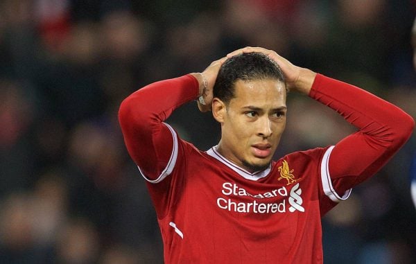 LIVERPOOL, ENGLAND - Sunday, January 14, 2018: Liverpool's Virgil van Dijk looks dejected after missing a chance during the FA Premier League match between Liverpool and Manchester City at Anfield. (Pic by David Rawcliffe/Propaganda)