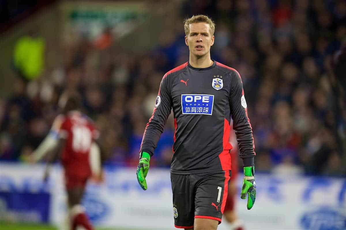 HUDDERSFIELD, ENGLAND - Tuesday, January 30, 2018: Huddersfield Town's goalkeeper Jonas Lössl during the FA Premier League match between Huddersfield Town FC and Liverpool FC at the John Smith's Stadium. (Pic by David Rawcliffe/Propaganda)