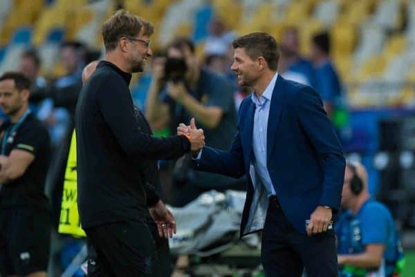 KIEV, UKRAINE - Friday, May 25, 2018: Liverpool’s manager Jurgen Klopp reacts with former players Steven Gerrard during a training session at the NSC Olimpiyskiy ahead of the UEFA Champions League Final match between Real Madrid CF and Liverpool FC. (Pic by Peter Powell/Propaganda)