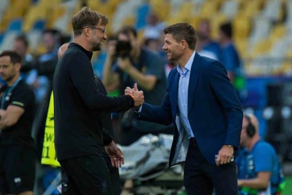 KIEV, UKRAINE - Friday, May 25, 2018: Liverpool’s manager Jurgen Klopp reacts with former players Steven Gerrard during a training session at the NSC Olimpiyskiy ahead of the UEFA Champions League Final match between Real Madrid CF and Liverpool FC. (Pic by Peter Powell/Propaganda)