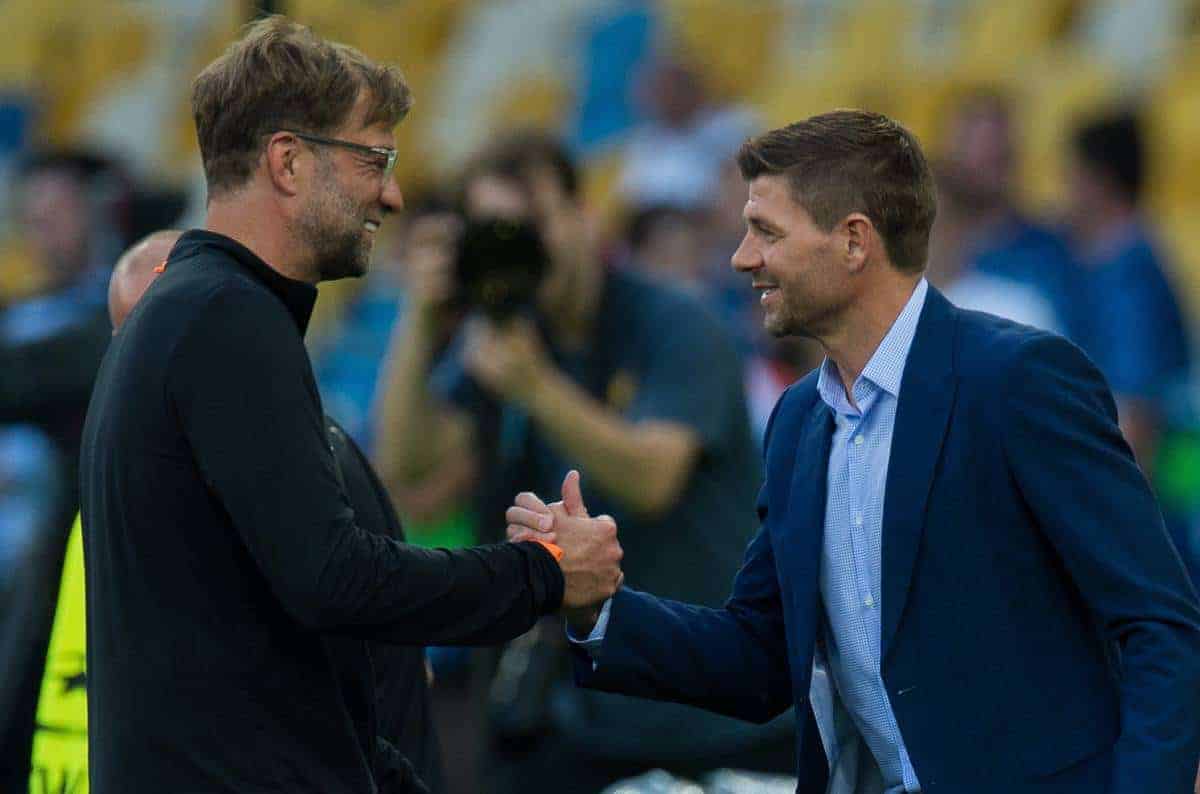 KIEV, UKRAINE - Friday, May 25, 2018: Liverpool’s manager Jurgen Klopp reacts with former players Steven Gerrard during a training session at the NSC Olimpiyskiy ahead of the UEFA Champions League Final match between Real Madrid CF and Liverpool FC. (Pic by Peter Powell/Propaganda)