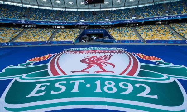 KIEV, UKRAINE - Friday, May 25, 2018: A general view of a giant Liverpool badge on the floor inside the NSC Olimpiyskiy ahead of the UEFA Champions League Final match between Real Madrid CF and Liverpool FC. (Pic by Peter Powell/Propaganda)