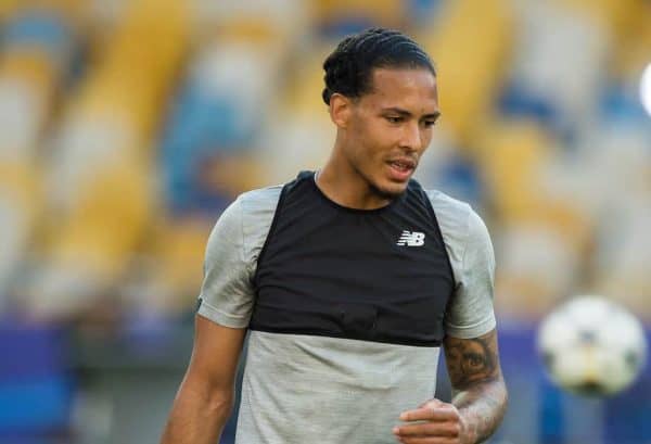 KIEV, UKRAINE - Friday, May 25, 2018: Liverpoolís Virgil van Dijk during a training session at the NSC Olimpiyskiy ahead of the UEFA Champions League Final match between Real Madrid CF and Liverpool FC. (Pic by Peter Powell/Propaganda)