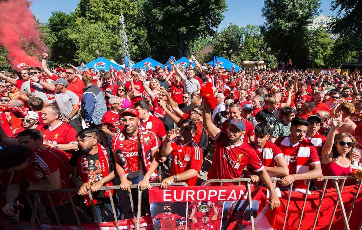 KIEV, UKRAINE - Saturday, May 26, 2018: Liverpool fans place flag and banners around Shevchenko Park ahead of the UEFA Champions League Final match between Real Madrid CF and Liverpool FC. (Pic by Peter Powell/Propaganda)