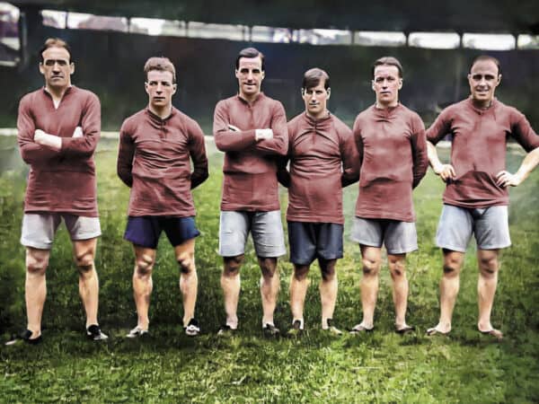 Undated picture, circa 1922, shows Bill Lacey, Danny Shone, Harry Chambers, Harry Lewis, Harry Beadles, and Fred Hopkin, on the pitch at Anfield prior to a training session. Photos courtesy of Wadsworth, Bromilow and Shone families and Pitch Publishing.