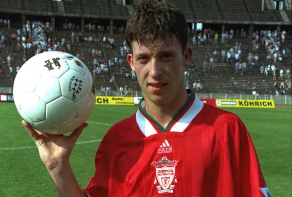 BERLIN, GERMANY - Sunday, August 7, 1994: Liverpool’s Robbie Fowler with the match-ball after scoring a hat-tick of left foot finishes during a preseason friendly between Hertha BSC Berlin and Liverpool FC at the Olympiastadion. Liverpool won 3-0. (Pic by David Rawcliffe/Propaganda)