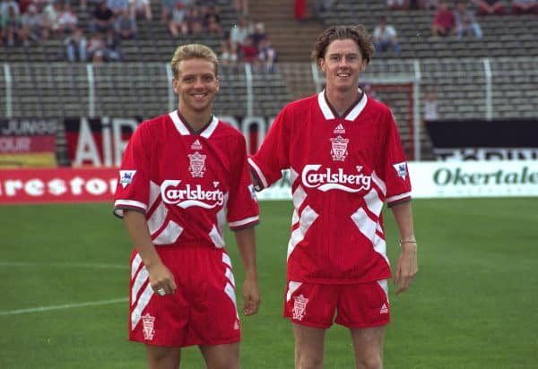 BERLIN, GERMANY - Sunday, August 7, 1994: Liverpool’s Rob Jones (L) and Steve McManaman (R) before a preseason friendly between Hertha BSC Berlin and Liverpool FC at the Olympiastadion. Liverpool won 3-0. (Pic by David Rawcliffe/Propaganda)
