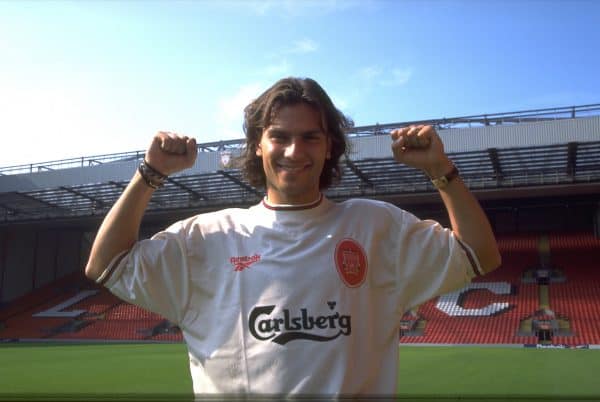 LIVERPOOL, ENGLAND - Thursday, August 1, 1996: Liverpool new signing Czech International Patrik Berger pictured with the new Reebok ecru coloured away shirt during a photo call at Anfield following his transfer from Borussia Dortmund for £3.25m. (Pic by David Rawcliffe/Propaganda)