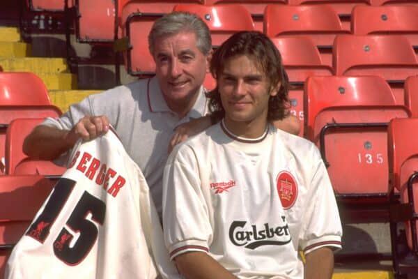 LIVERPOOL, ENGLAND - Thursday, August 1, 1996: Liverpool new signing Czech International Patrik Berger (R) pictured with manager Roy Evans and the new Reebok ecru coloured away shirt during a photo call at Anfield following his transfer from Borussia Dortmund for £3.25m. (Pic by David Rawcliffe/Propaganda)
