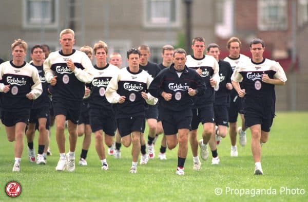 Youth coach Hugh McAuley leads the youth players during a training session at the club's Melwood Training Ground. Xxxx, xxxx, Paul Dalglish, Lee Jones, Jamie Carragher, xxxx. (Pic by David Rawcliffe/Propaganda)