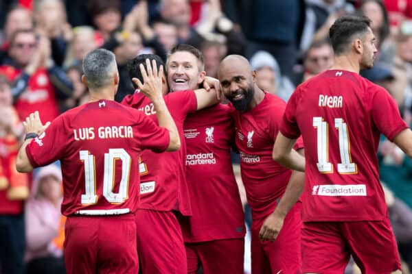 LIVERPOOL, ENGLAND - Saturday, September 24, 2022: Liverpool's Mark Gonzalez (C) celebrates scoring his sides first goal with team-mates during the LFC Foundation friendly 'Legends of the North' match between Liverpool FC Legends and Manchester United FC Legends at Anfield. (Pic by Jessica Hornby/Propaganda)