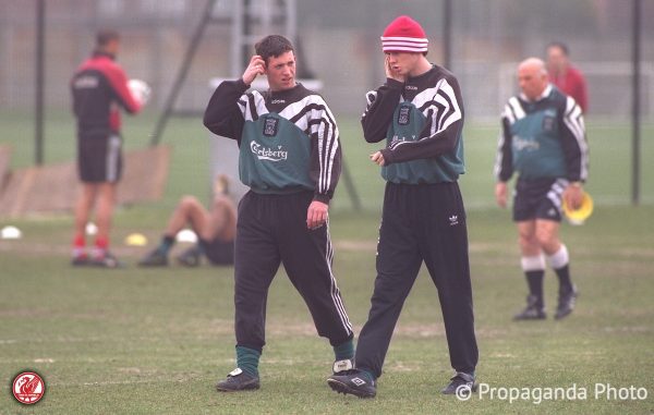 Liverpool's Robbie Fowler (L) and Steve McManaman during a training session at the club's Melwood Training Ground. (Pic by David Rawcliffe/Propaganda)