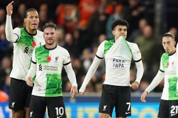 Liverpool's Luis Diaz (centre) celebrates scoring their side's first goal of the game by unveiling a shirt that reads (translated to English) 'Freedom for Dad' during the Premier League match at Kenilworth Road, Luton. Picture date: Sunday November 5, 2023. Zac Goodwin/PA Wire/PA Images