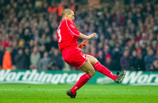 CARDIFF, WALES - Sunday, February 25, 2001: Liverpool's substitute Christian Ziege scores his side's third penalty of the shoot-out during the Football League Cup Final match between Liverpool FC and Birmingham City FC at the Millennium Stadium. The match ended in a 1-1 draw after extra-time, Liverpool won 5-4 on penalties. (Pic by David Rawcliffe/Propaganda)