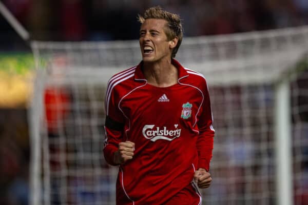 Liverpool, England - Tuesday, August 28, 2007: Liverpool's Peter Crouch celebrates scoring the opening goal against Toulouse during the UEFA Champions League third qualifying match 2nd Leg at Anfield. (Photo by David Rawcliffe/Propaganda)