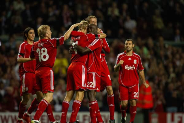 Liverpool, England - Tuesday, August 28, 2007: Liverpool's Sami Hyypia celebrates scoring the second goal against Toulouse, with his team-mates during the UEFA Champions League third qualifying match 2nd Leg at Anfield. (Photo by David Rawcliffe/Propaganda)