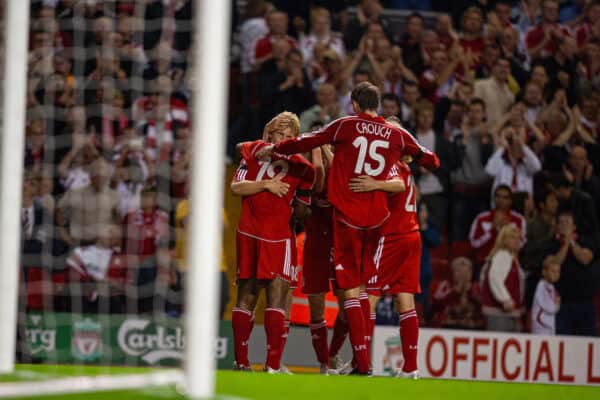 Liverpool, England - Tuesday, August 28, 2007: Liverpool's Dirk Kuyt celebrates scoring the third goal against Toulouse, with his team-mates, during the UEFA Champions League third qualifying match 2nd Leg at Anfield. (Photo by David Rawcliffe/Propaganda)