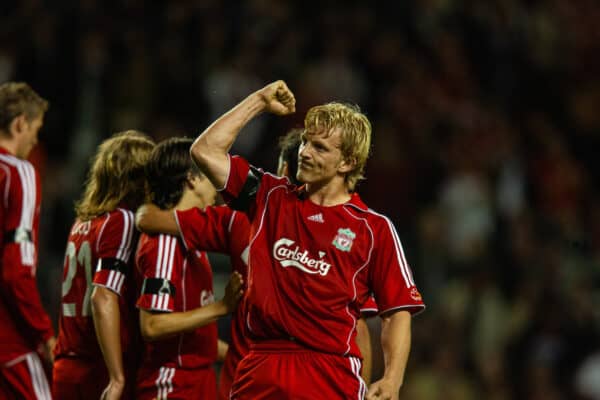 Liverpool, England - Tuesday, August 28, 2007: Liverpool's Dirk Kuyt celebrates scoring the fourth goal against Toulouse, with his team-mates, during the UEFA Champions League third qualifying match 2nd Leg at Anfield. (Photo by David Rawcliffe/Propaganda)