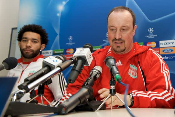 MILAN, ITALY - Monday, March 10, 2008: Liverpool's manager Rafael Benitez and Jermaine Pennant during a press conference at the San Siro Stadium ahead of the UEFA Champions League First knockout round 2nd Leg match against FC Internazionale Milano. (Pic by David Rawcliffe/Propaganda)