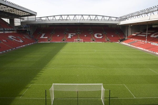 The view of the Anfield pitch from the Anfield Road Upper Stand.