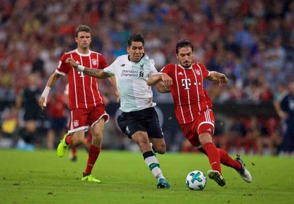 MUNICH, GERMANY - Tuesday, August 1, 2017: Liverpool's Roberto Firmino and Bayern Munich's Mats Hummels during the Audi Cup 2017 match between FC Bayern Munich and Liverpool FC at the Allianz Arena. (Pic by David Rawcliffe/Propaganda)