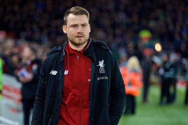 LIVERPOOL, ENGLAND - Friday, January 5, 2018: Liverpool's unused goalkeeper Simon Mignolet before the FA Cup 3rd Round match between Liverpool FC and Everton FC, the 230th Merseyside Derby, at Anfield. (Pic by David Rawcliffe/Propaganda)