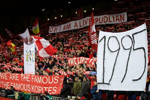 LIVERPOOL, ENGLAND - Friday, January 5, 2018: Liverpool supporters' banner "1995" referring to the last time Everton won a trophy, on the Spion Kop before the FA Cup 3rd Round match between Liverpool FC and Everton FC, the 230th Merseyside Derby, at Anfield. (Pic by David Rawcliffe/Propaganda)