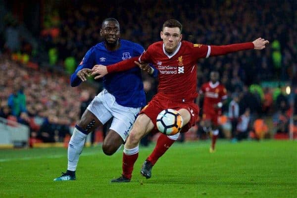 LIVERPOOL, ENGLAND - Friday, January 5, 2018: Liverpool's Andy Robertson and Everton's Yannick Bolasie during the FA Cup 3rd Round match between Liverpool FC and Everton FC, the 230th Merseyside Derby, at Anfield. (Pic by David Rawcliffe/Propaganda)