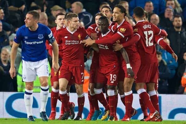 LIVERPOOL, ENGLAND - Friday, January 5, 2018: Liverpool's James Milner [#7] celebrates scoring the opening goal with team-mates during the FA Cup 3rd Round match between Liverpool FC and Everton FC, the 230th Merseyside Derby, at Anfield. (Pic by David Rawcliffe/Propaganda)