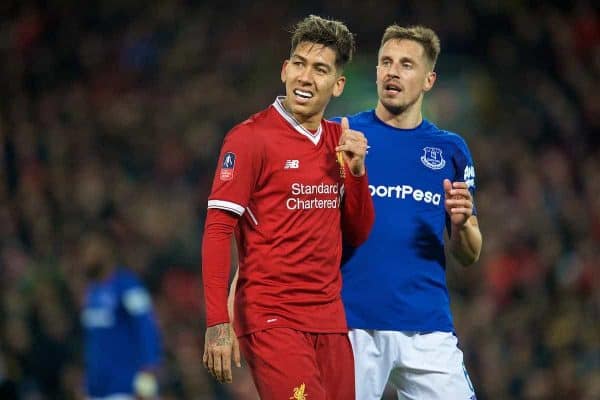 LIVERPOOL, ENGLAND - Friday, January 5, 2018: Liverpool's Roberto Firmino and Everton's captain Phil Jagielka during the FA Cup 3rd Round match between Liverpool FC and Everton FC, the 230th Merseyside Derby, at Anfield. (Pic by David Rawcliffe/Propaganda)