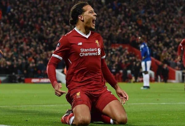 LIVERPOOL, ENGLAND - Friday, January 5, 2018: Liverpool's Virgil van Dijk celebrates scoring the winning goal at the Kop end to seal a 2-1 victory over Everton on his debut during the FA Cup 3rd Round match between Liverpool FC and Everton FC, the 230th Merseyside Derby, at Anfield. (Pic by David Rawcliffe/Propaganda)