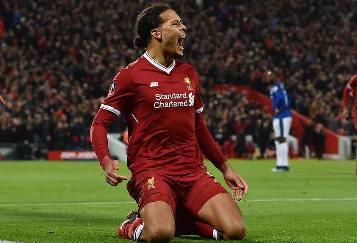 LIVERPOOL, ENGLAND - Friday, January 5, 2018: Liverpool's Virgil van Dijk celebrates scoring the winning goal at the Kop end to seal a 2-1 victory over Everton on his debut during the FA Cup 3rd Round match between Liverpool FC and Everton FC, the 230th Merseyside Derby, at Anfield. (Pic by David Rawcliffe/Propaganda)