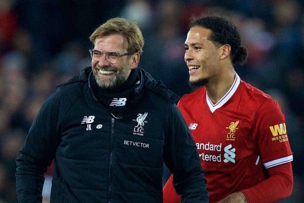 LIVERPOOL, ENGLAND - Friday, January 5, 2018: Liverpool's match winning goal-scorer Virgil van Dijk celebrates with manager J¸rgen Klopp after the 2-1 victory over Everton during the FA Cup 3rd Round match between Liverpool FC and Everton FC, the 230th Merseyside Derby, at Anfield. (Pic by David Rawcliffe/Propaganda)