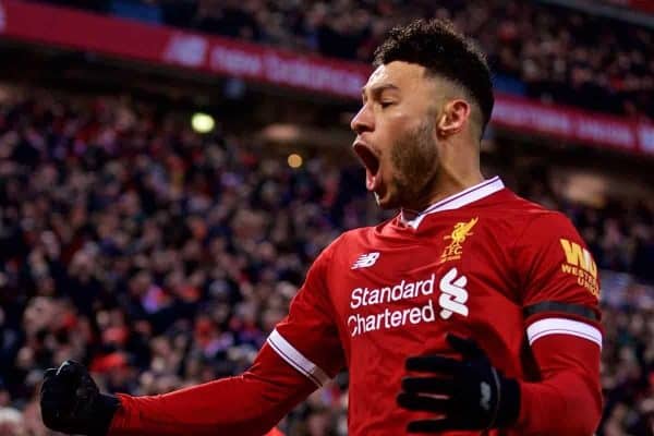 LIVERPOOL, ENGLAND - Sunday, January 14, 2018: Liverpool's Alex Oxlade-Chamberlain celebrates scoring the opening goal during the FA Premier League match between Liverpool and Manchester City at Anfield. (Pic by David Rawcliffe/Propaganda)