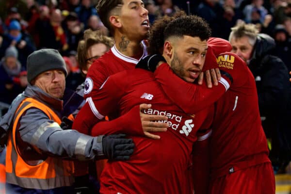 LIVERPOOL, ENGLAND - Sunday, January 14, 2018: Liverpool's Alex Oxlade-Chamberlain celebrates scoring the opening goal during the FA Premier League match between Liverpool and Manchester City at Anfield. (Pic by David Rawcliffe/Propaganda)