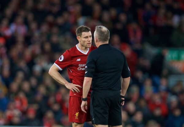 LIVERPOOL, ENGLAND - Sunday, February 4, 2018: Liverpool's James Milner speaks to referee Jonathan Moss during the FA Premier League match between Liverpool FC and Tottenham Hotspur FC at Anfield. (Pic by David Rawcliffe/Propaganda)
