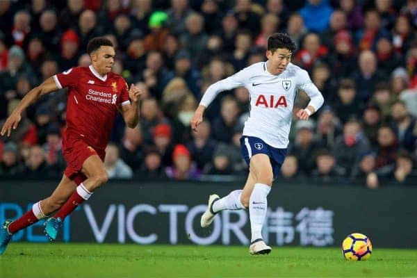 LIVERPOOL, ENGLAND - Sunday, February 4, 2018: Tottenham Hotspurs' Son Heung-min during the FA Premier League match between Liverpool FC and Tottenham Hotspur FC at Anfield. (Pic by David Rawcliffe/Propaganda)