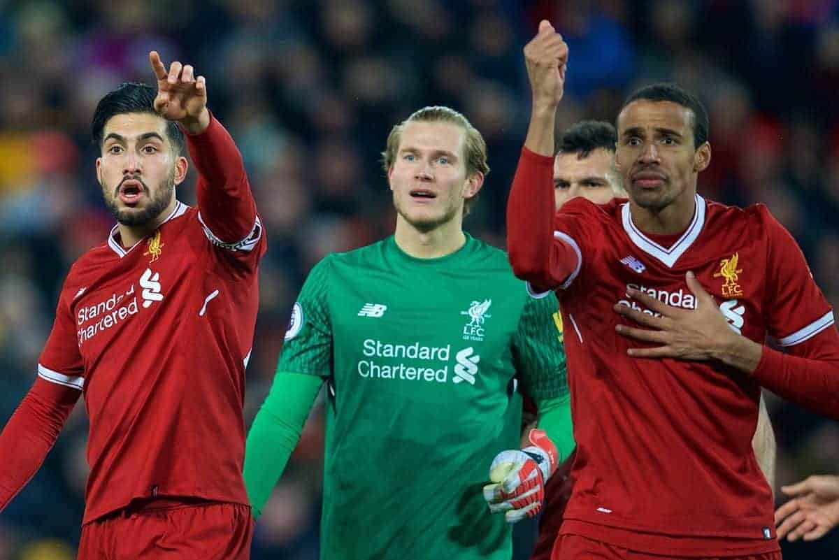 LIVERPOOL, ENGLAND - Sunday, February 4, 2018: Liverpool's Emre Can, goalkeeper Loris Karius and Joel Matip complain as referee Jonathan Moss awards a penalty with the help of the assistant referee during the FA Premier League match between Liverpool FC and Tottenham Hotspur FC at Anfield. (Pic by David Rawcliffe/Propaganda)