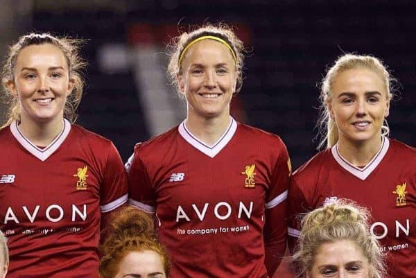 WIDNES, ENGLAND - Wednesday, February 7, 2018: Liverpool's players line-up for a team group photograph before the FA Women's Super League 1 match between Liverpool Ladies FC and Arsenal Ladies FC at the Halton Stadium. Back row L-R: Kate Longhurst, captain Sophie Ingle, goalkeeper Rebecca Flaherty, Caroline Weir, Casey Stoney, Alex Greenwood. Front row L-R: Jessica Clarke, Alicia Johnson, Bethany England, Martha Harris, Laura Coombs. (Pic by David Rawcliffe/Propaganda)