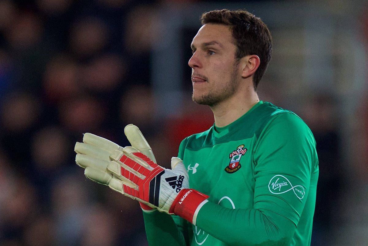 SOUTHAMPTON, ENGLAND - Sunday, February 11, 2018: Southampton's goalkeeper Alex McCarthy during the FA Premier League match between Southampton FC and Liverpool FC at St. Mary's Stadium. (Pic by David Rawcliffe/Propaganda)