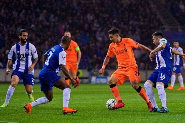 PORTO, PORTUGAL - Wednesday, February 14, 2018: Liverpool's Roberto Firmino during the UEFA Champions League Round of 16 1st leg match between FC Porto and Liverpool FC on Valentine's Day at the Est·dio do Drag„o. (Pic by David Rawcliffe/Propaganda)