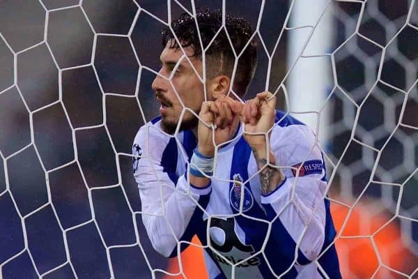 PORTO, PORTUGAL - Wednesday, February 14, 2018: FC Porto's Alex Telles looks dejected as his side concedes the fourth goal during the UEFA Champions League Round of 16 1st leg match between FC Porto and Liverpool FC on Valentine's Day at the Est·dio do Drag„o. (Pic by David Rawcliffe/Propaganda)