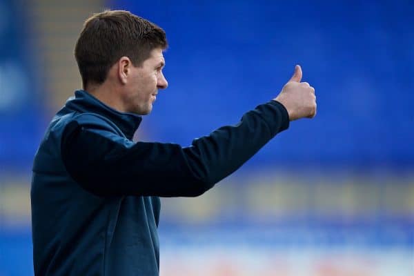 BIRKENHEAD, ENGLAND - Wednesday, February 21, 2018: Liverpool's Under-18 manager Steven Gerrard during the UEFA Youth League Quarter-Final match between Liverpool FC and Manchester United FC at Prenton Park. (Pic by David Rawcliffe/Propaganda)