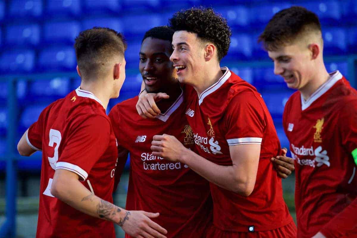 BIRKENHEAD, ENGLAND - Wednesday, February 21, 2018: Liverpool's substitute Rafael Camacho celebrates scoring the second goal with team-mate Curtis Jones during the UEFA Youth League Quarter-Final match between Liverpool FC and Manchester United FC at Prenton Park. (Pic by David Rawcliffe/Propaganda)