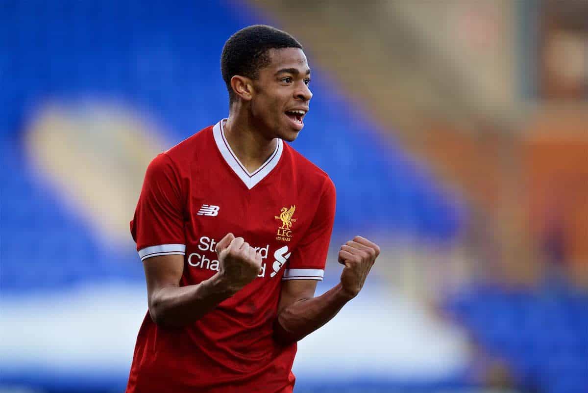 BIRKENHEAD, ENGLAND - Wednesday, February 21, 2018: Liverpool's Elijah Dixon-Bonner celebrates after the 2-0 victory over Manchester United during the UEFA Youth League Quarter-Final match between Liverpool FC and Manchester United FC at Prenton Park. (Pic by David Rawcliffe/Propaganda)