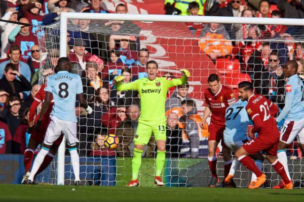 LIVERPOOL, ENGLAND - Saturday, February 24, 2018: West Ham United's goalkeeper Adrian San Miguel del Castillo reacts as Liverpool's Emre Can scores the first goal during the FA Premier League match between Liverpool FC and West Ham United FC at Anfield. (Pic by David Rawcliffe/Propaganda)
