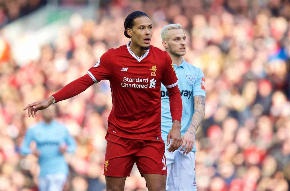 LIVERPOOL, ENGLAND - Saturday, February 24, 2018: Liverpool's Virgil van Dijk during the FA Premier League match between Liverpool FC and West Ham United FC at Anfield. (Pic by David Rawcliffe/Propaganda)